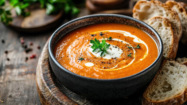 Creamy tomato bisque with a swirl of cream and crusty bread on a rustic table with warm lighting