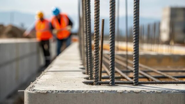 Construction workers walking across reinforced concrete foundation, steel bars protruding from structural framework during ongoing building development project