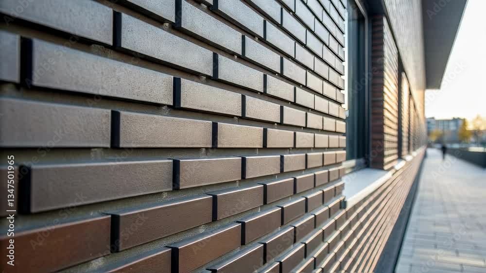 Poster sunlight reflects off a modern two tone brick wall of a building, alongside a paved walkway, creatin
