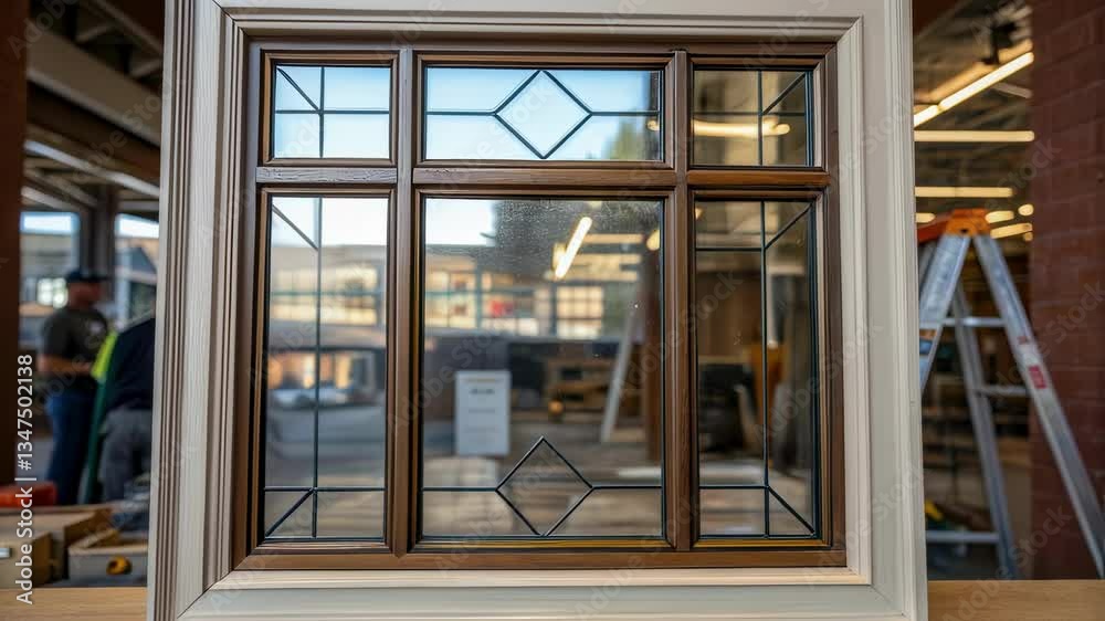 Poster wooden window frame undergoing professional painting process, transforming color from light to dark 