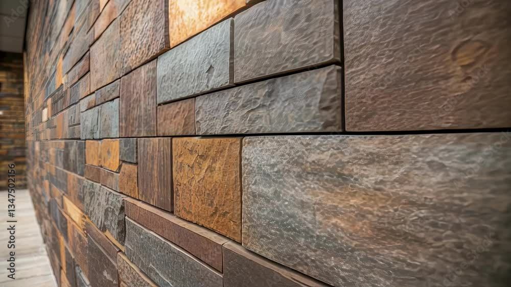 Poster Modern architectural design featuring multicolored stone wall with varied textures, creating dynamic visual layering through contrasting shapes, sizes, and surface characteristics