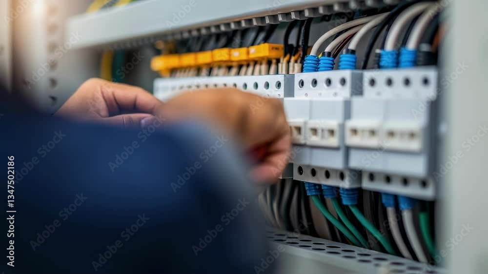 Poster professional electrician carefully connecting and securing electrical wires within industrial fuse b