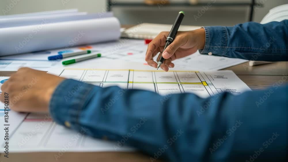 Aufkleber Professional architect working on construction project, drawing and sketching building plan on blueprint with colorful markers and pen, designing and developing new architectural drawing