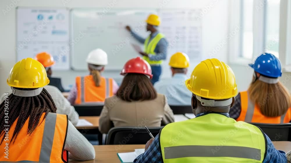 Poster Construction workers and engineers wearing safety vests and hard hats are attending a lesson about safety procedures in a classroom, a teacher is explaining a project on a whiteboard