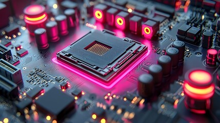 Close up of Illuminated CPU on Motherboard