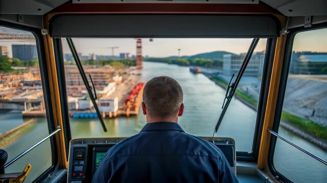 River navigation professional steers a vessel on a calm river, showcasing the expertise and precision required for safe water transportation