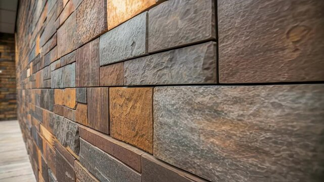 Modern architectural design featuring multicolored stone wall with varied textures, creating dynamic visual layering through contrasting shapes, sizes, and surface characteristics