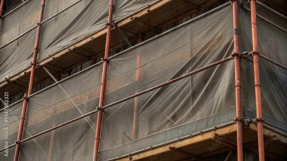 Poster scaffolding netting gently ripples in the wind, attached to a building under renovation, suggesting 