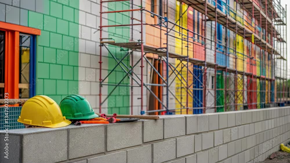 Poster Colorful facade of a building under construction, featuring scaffolding and safety helmets, showcasing the progress of a new development project