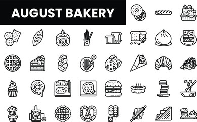 Line drawing icons of assorted bakery items including pastries and desserts.