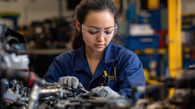 Skilled Female Technician Working Diligently in a Busy Automotive Workshop Environment Image made using Generative AI