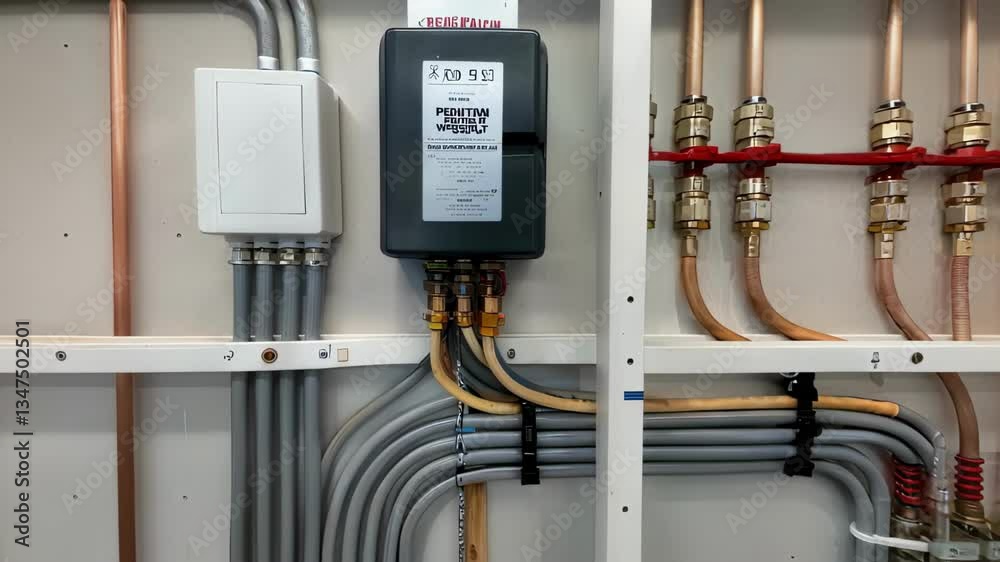 Poster step by step progress of a plumber installing a complex plumbing system, showcasing the meticulous a