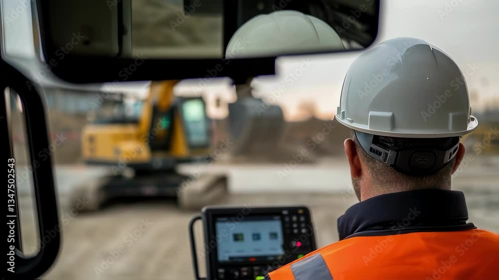 Poster construction worker wearing safety helmet and high visibility vest operates a remote control system 