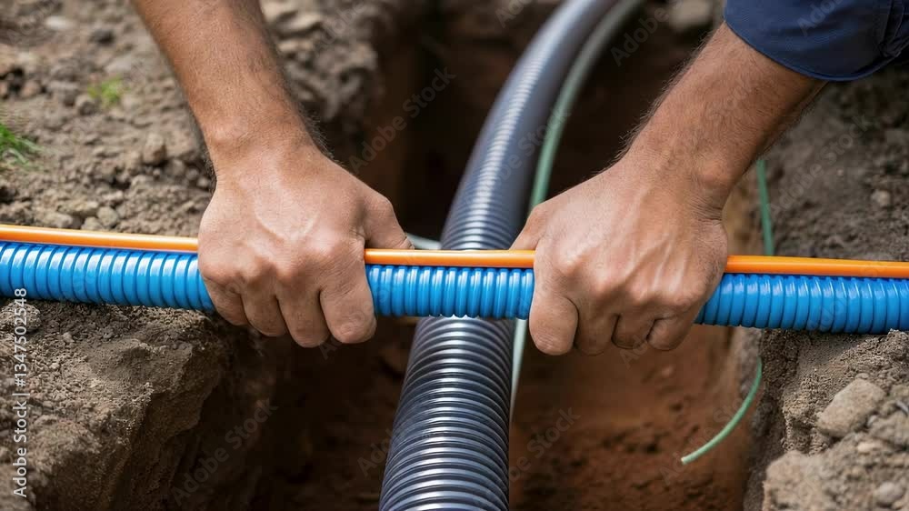 Aufkleber electrician carefully joining two sections of blue corrugated pipe containing fiber optic cables, en