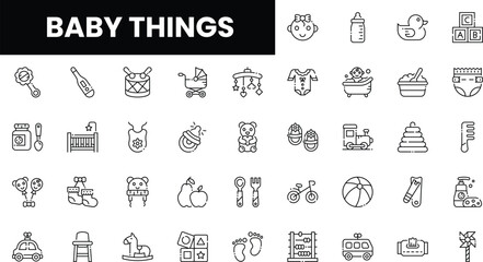 A collection of cute baby icons, including toys and essentials, in a minimalist style.