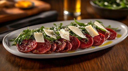 flat layout of beef carpaccio with peppercorns and herbs