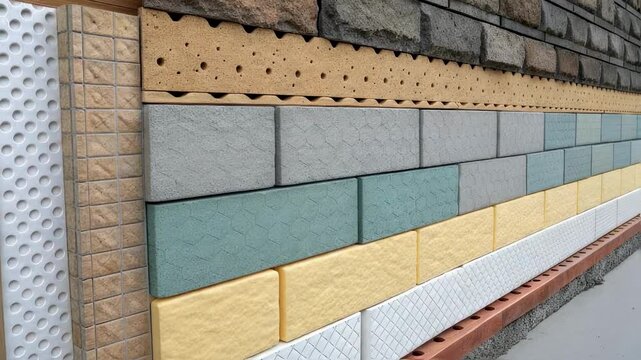 External thermal insulation composite system being installed on a building wall, showing various layers of insulation, adhesive, and finishing materials for energy efficiency and weather protection