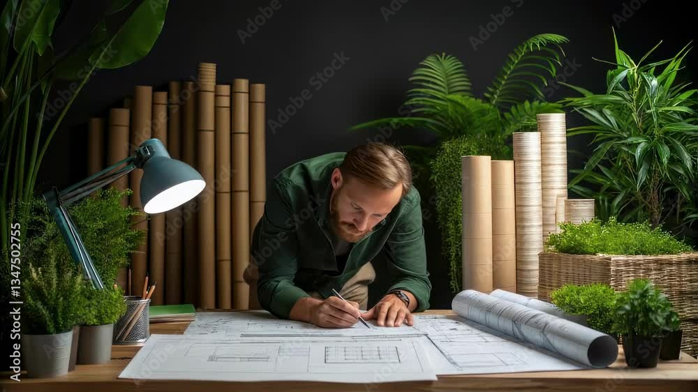Poster Focused architect drawing blueprints for a sustainable building project in an office filled with lush greenery, demonstrating commitment to eco conscious design