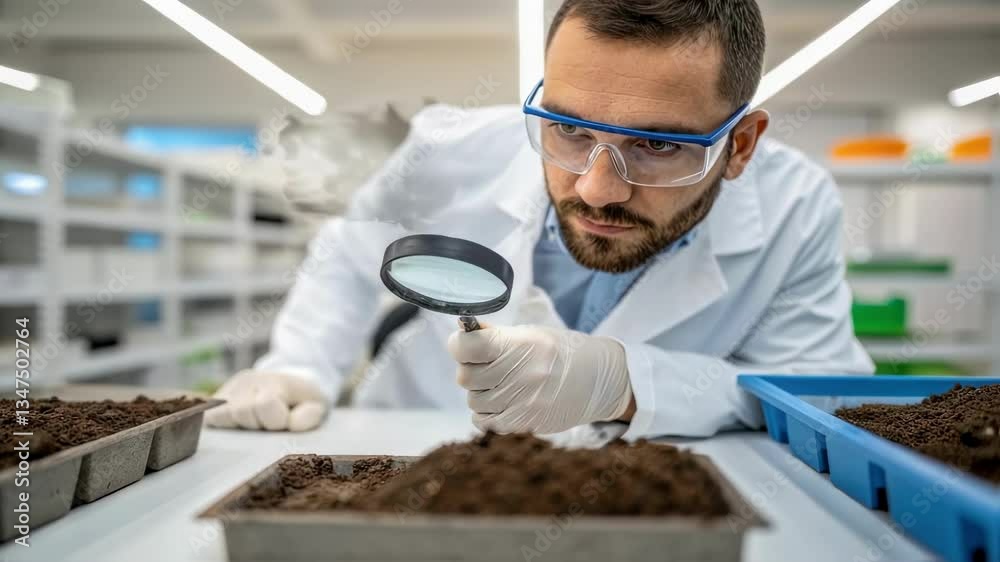 Poster laboratory technician wearing lab coat and protective glasses carefully examines soil sample using m