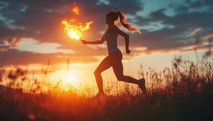 Woman Running With Torch Sunset Field
