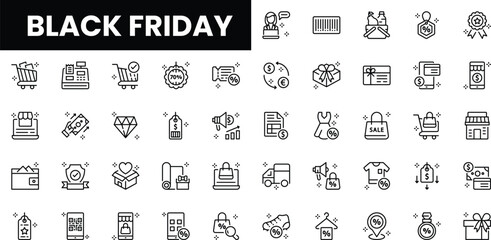 Black Friday icons featuring shopping, sales, and discounts in a minimalist design.