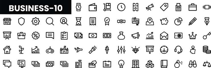 Collection of black outline business icons for professional use.
