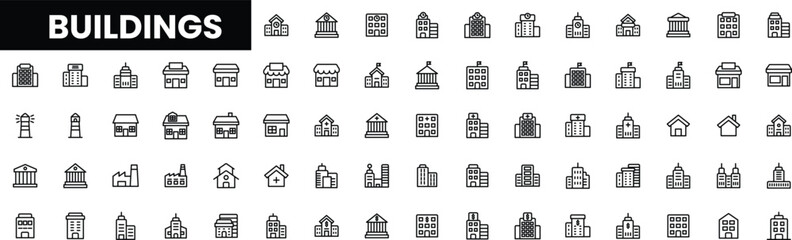 Collection of various building icons in minimalistic line art style.