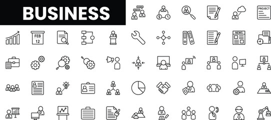 A collection of business icons representing various concepts in a minimalist style.