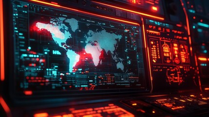 A neon-lit control panel, showing a map of cyber warfare hotspots