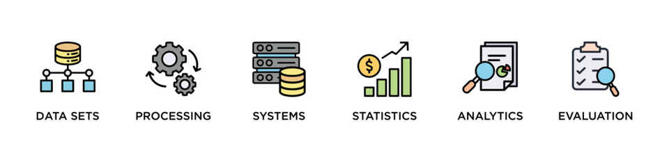 DATA MINING banner web icon vector illustration concept with icon of database, processing, systems, statistics, analytics, evaluation, 