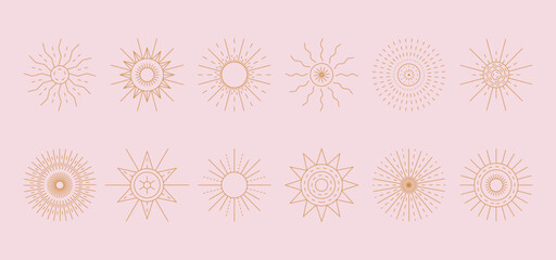 Abstract boho sun, sunburst linear set. Minimalist modern astrology esoteric geometric icons, magic sacred symbols, sun logo design. Vector line art collection
