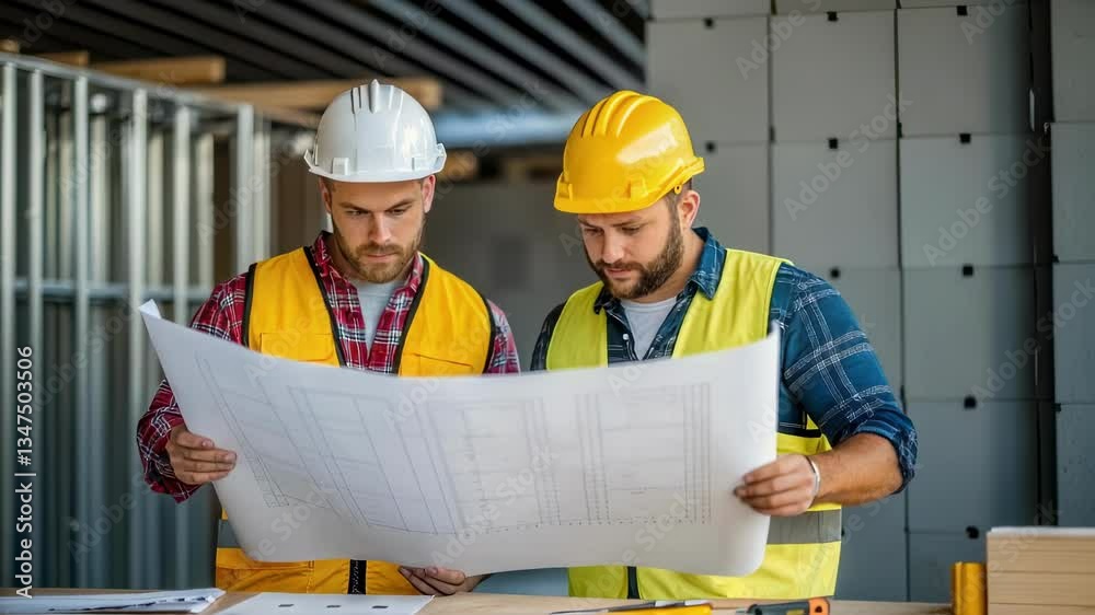 Poster two engineers wearing safety vests and helmets are carefully reviewing blueprints on a construction 