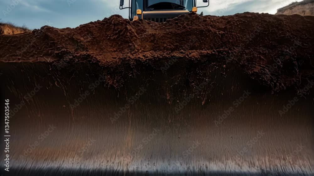 Poster Powerful yellow bulldozer working intensively at quarry site, capturing dynamic earthmoving process through multiple cinematic perspectives of soil manipulation and ground transformation