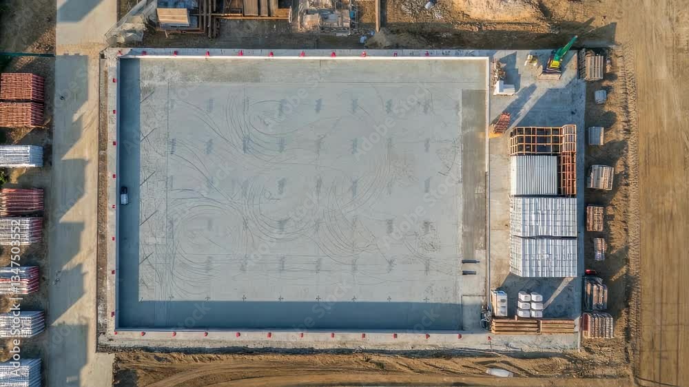 Poster Top view of a construction site where workers are preparing the foundation of a building, with the shadow of a crane moving across the site