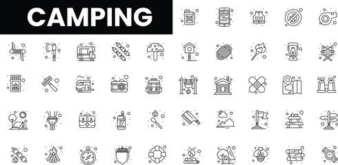 A diverse collection of camping-themed icons in a minimalist black and white design.