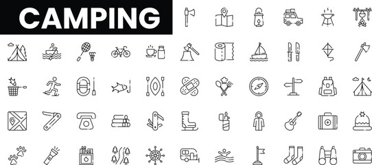 A collection of camping icons, perfect for outdoor enthusiasts and adventure lovers.