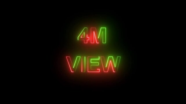 4M views text animation by purple color neon on black background. purple color neon glowing 4M views text icon animation number sign symbol on black background.