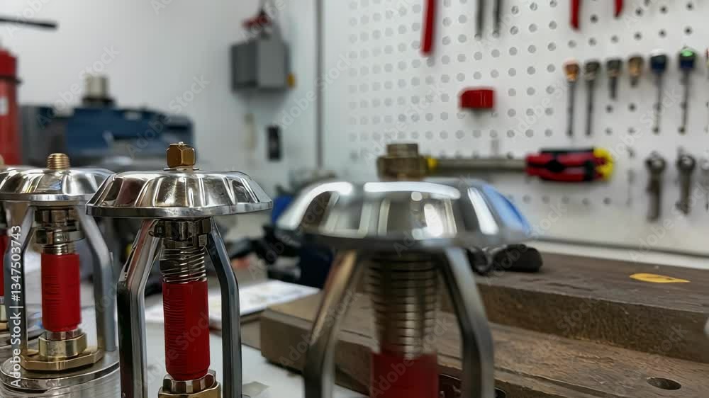 Poster multiple newly assembled sprinkler heads sit on a workbench in a manufacturing facility, undergoing 