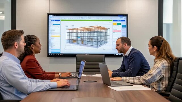 Professional architects analyze a 3d model of a building structure, engaging in a collaborative discussion during a meeting in a modern office