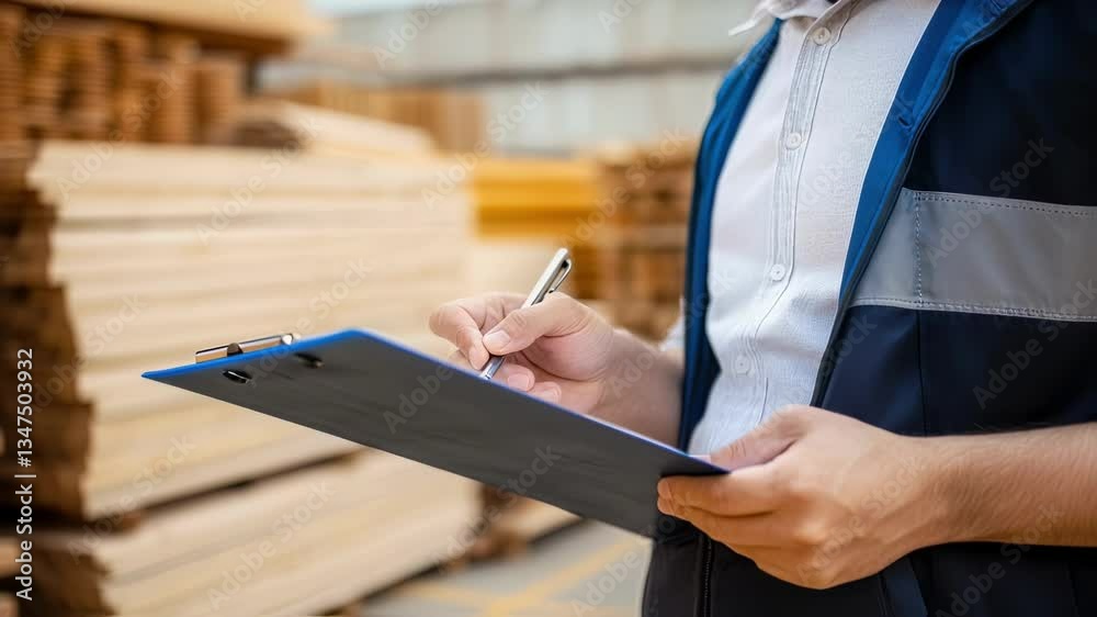 Poster Warehouse worker writing notes on clipboard, performing quality control of lumber, ensuring accurate inventory management within storage facility