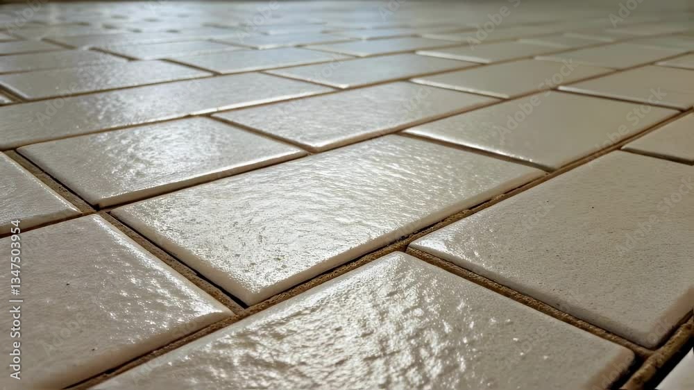 Poster Light reflects on a clean white tiled floor creating a sense of spaciousness and cleanliness, ideal for architectural or interior design projects