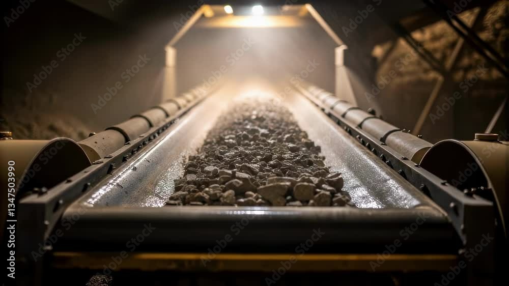 Aufkleber Rough stones rolling along automated conveyor, casting shadows under artificial illumination within dimly lit industrial mining facility processing raw mineral resources