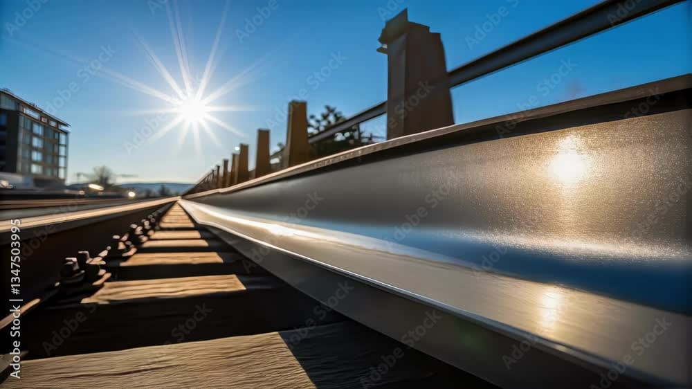 Poster sunlight gleaming on newly installed metal guard rail, highlighting railway infrastructure developme