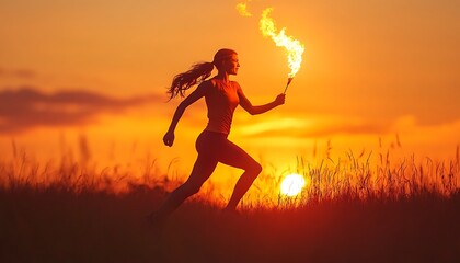 Woman runs sunset torch field