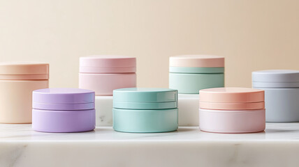 Pastel cosmetic jars on a marble surface.