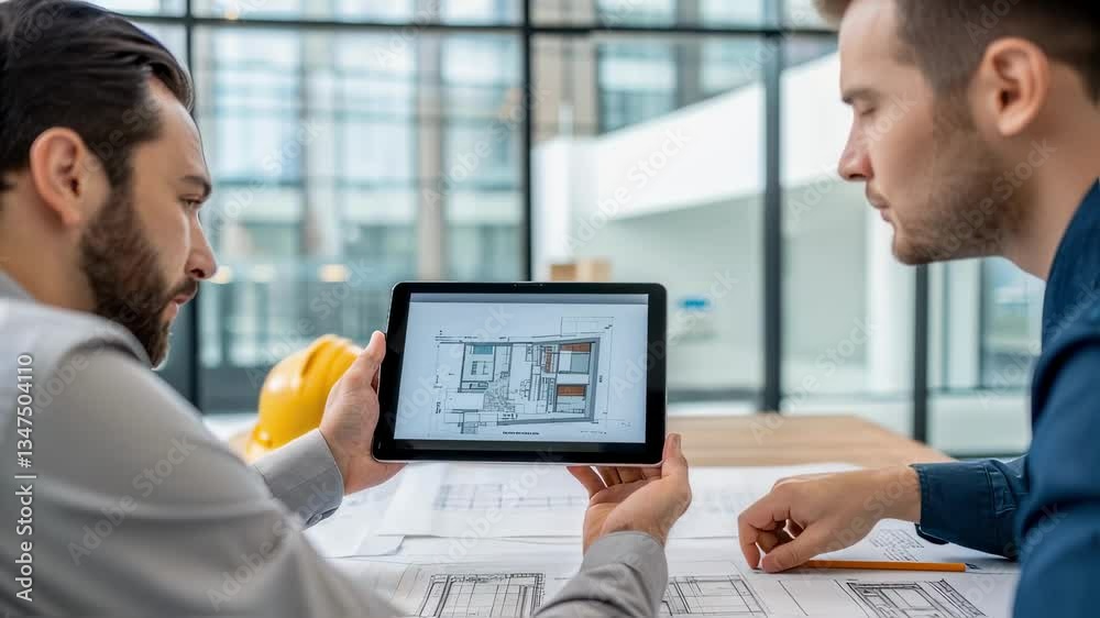 Poster two male architects are examining a blueprint displayed on a digital tablet, engaging in a collabora