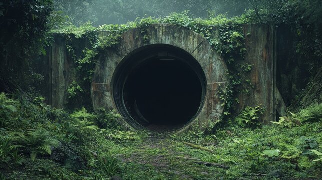A nuclear bunker entrance, hidden in a forest, surrounded by overgrown plants 