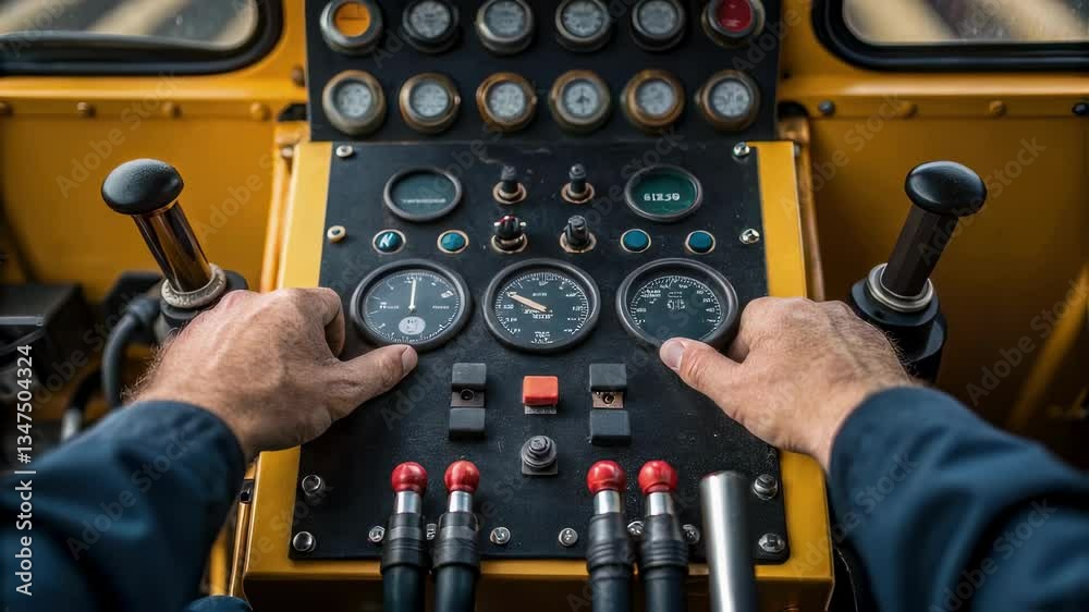 Poster Industrial machine operator managing control panel with analog gauges, levers, and buttons inside cramped machinery cabin, demonstrating precise technical skills and workplace expertise