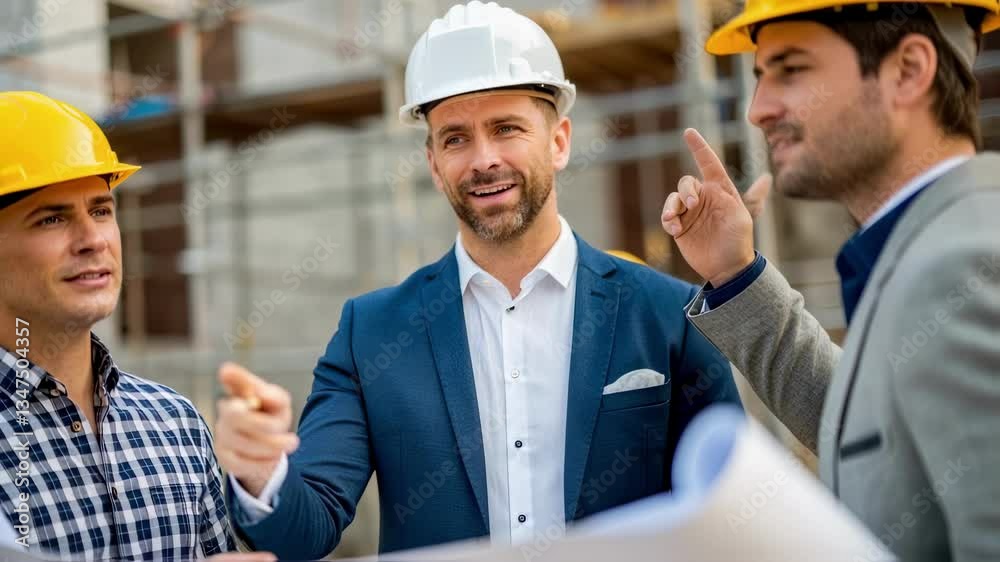 Poster professional architect in business attire and white hardhat discussing blueprint with construction w