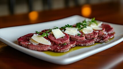 a full plate of beef carpaccio presented in a rustic style